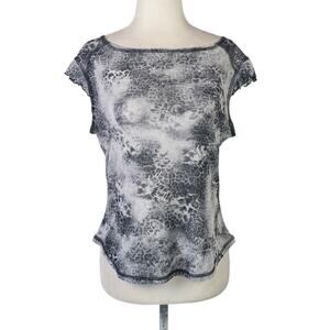 Vintage 90s/Y2K Grey Leopard Sheer Mesh Wide Boatneck Tee M
